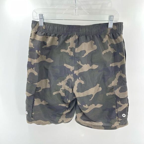Mens swimsuit swim trunks small camo camouflage cargo pockets olive green elasti - Picture 5 of 6